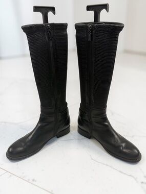 Blondo Zana Waterproof Riding Boots Black Leather Knit Stretch Flat Heel Size 8M